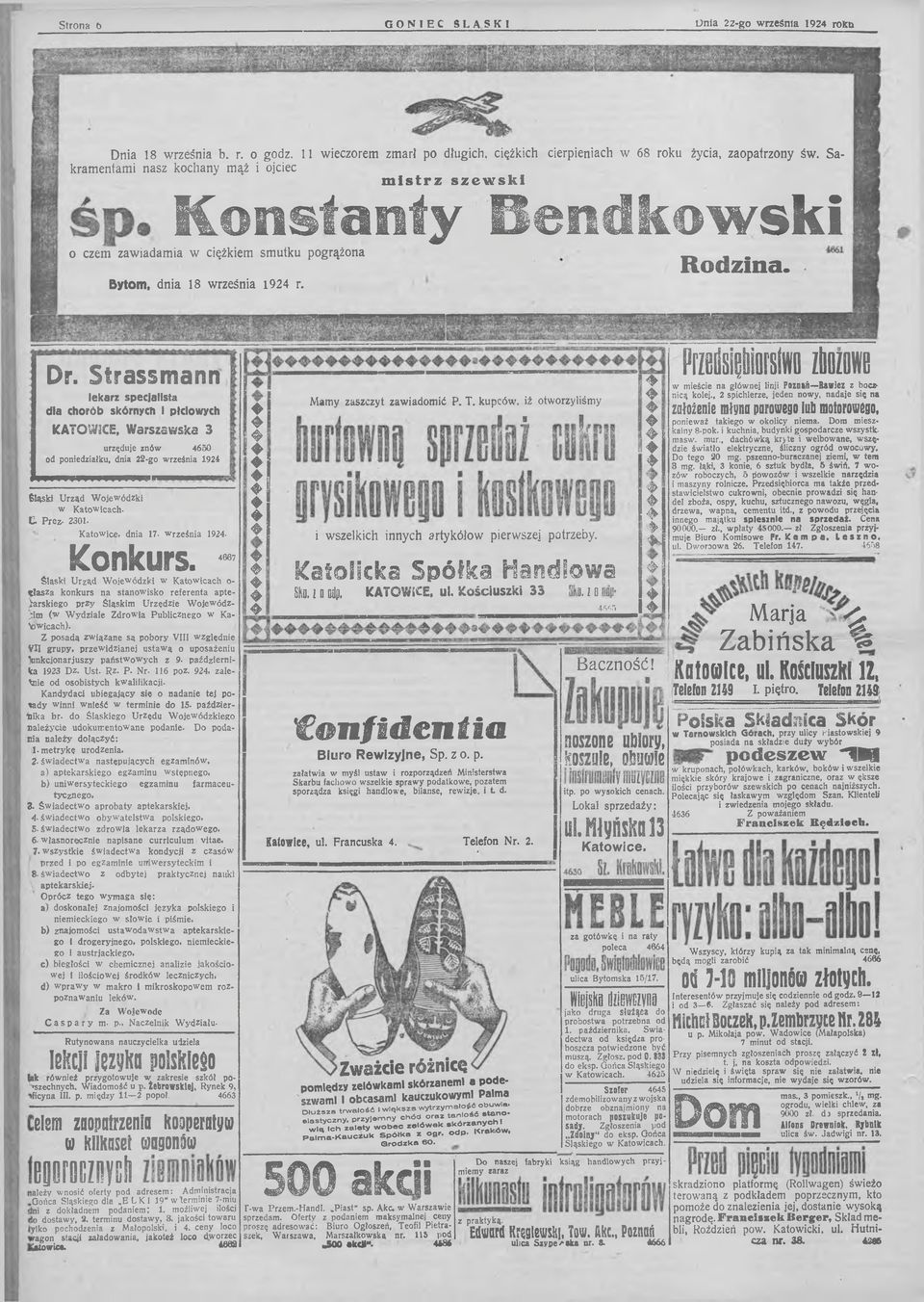 Strassmann lekarz specjalista dla chorób skórnych i płciowych KATOWICE, Warszswska 3 urzęduje znów 4650 od poniedziałku, dnia 22-go września 1924 Śląski Urząd W ojewódzki w Katowicach- C. Prez- 2301.