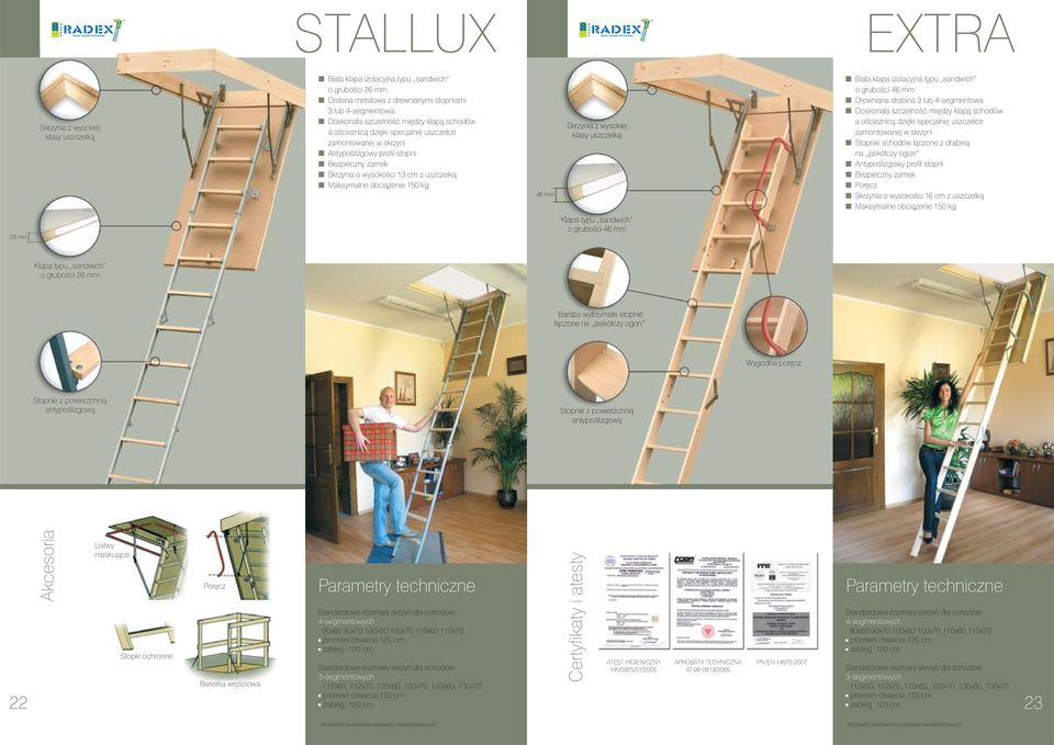 n Maksymalne obciążenie 150 kg 46 mm Skrzynia z wysokiej klasy uszczelką n Biała klapa izolacyjna typu sandwich o grubości 46 mm n Drewniana drabina 3 lub 4-segmentowa.