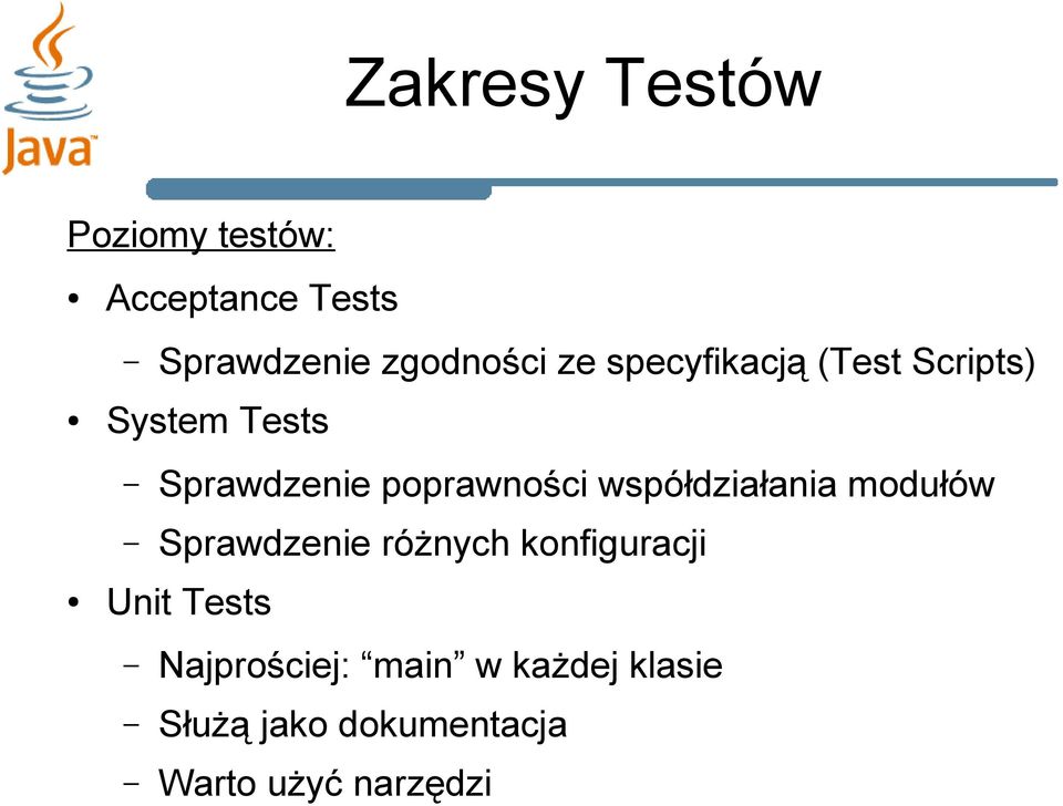 współdziałania modułów Sprawdzenie różnych konfiguracji Unit Tests