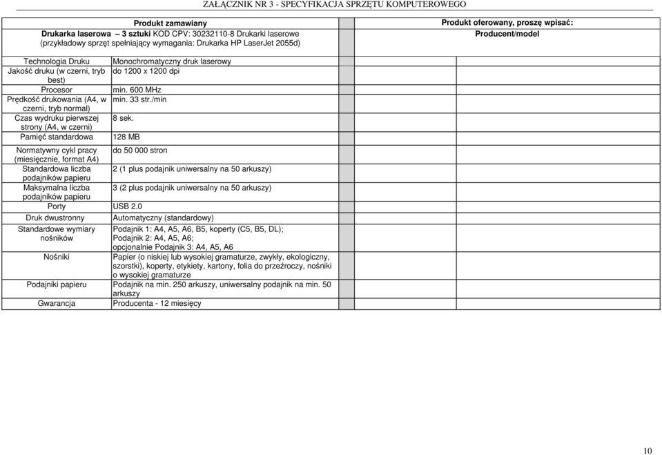 strony (A4, w czerni) Pamięć standardowa 128 MB Normatywny cykl pracy do 50 000 stron (miesięcznie, format A4) Standardowa liczba 2 (1 plus podajnik uniwersalny na 50 arkuszy) podajników papieru