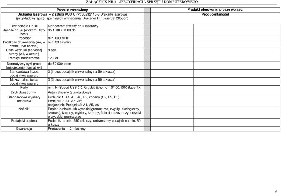 strony (A4, w czerni) Pamięć standardowa 128 MB Normatywny cykl pracy do 50 000 stron (miesięcznie, format A4) Standardowa liczba 2 (1 plus podajnik uniwersalny na 50 arkuszy) podajników papieru