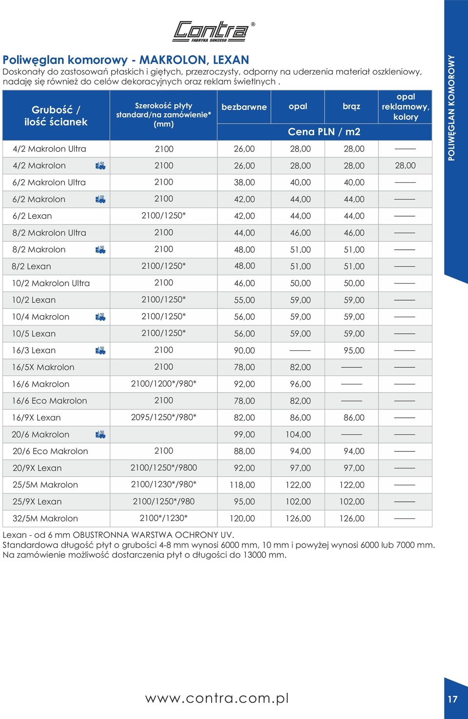 / ilość ścianek / Makrolon Ultra Szerokość płyty standard/na zamówienie* 0 / Makrolon 0 bezbarwne opal brąz 8,00 8,00 opal reklamowy, kolory 8,00 8,00 8,00 POLIWĘGLAN KOMOROWY / Makrolon Ultra 0 8,00