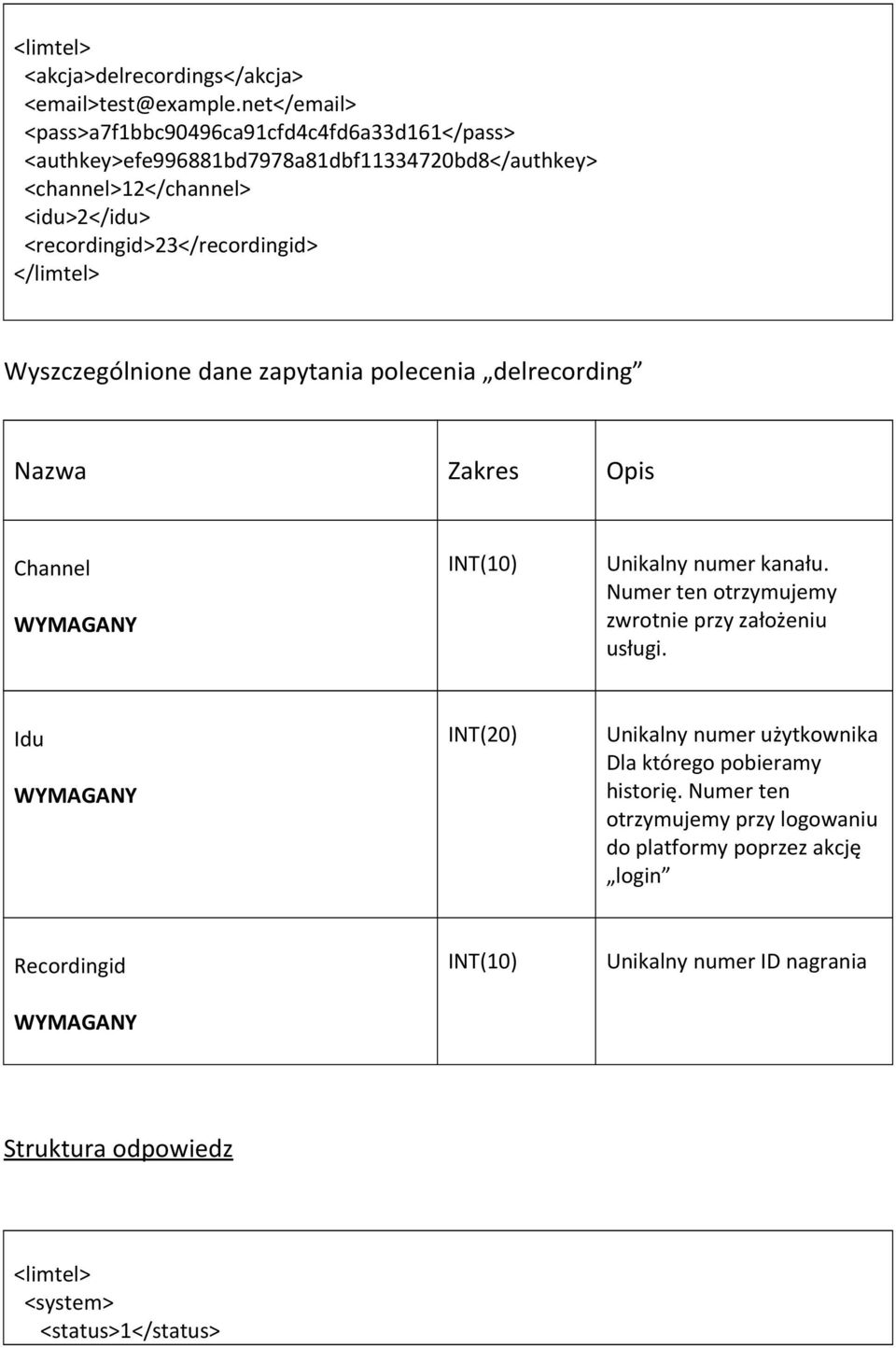 <recordingid>23</recordingid> Wyszczególnione dane zapytania polecenia delrecording Channel INT(10) Unikalny numer kanału.