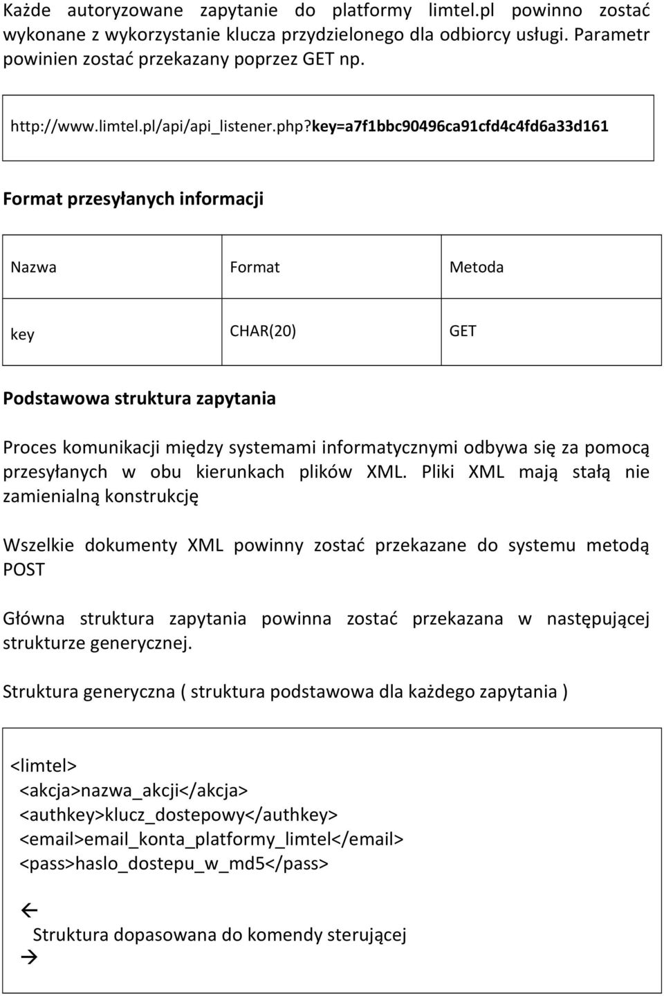 key=a7f1bbc90496ca91cfd4c4fd6a33d161 Format przesyłanych informacji Nazwa Format Metoda key CHAR(20) GET Podstawowa struktura zapytania Proces komunikacji między systemami informatycznymi odbywa się