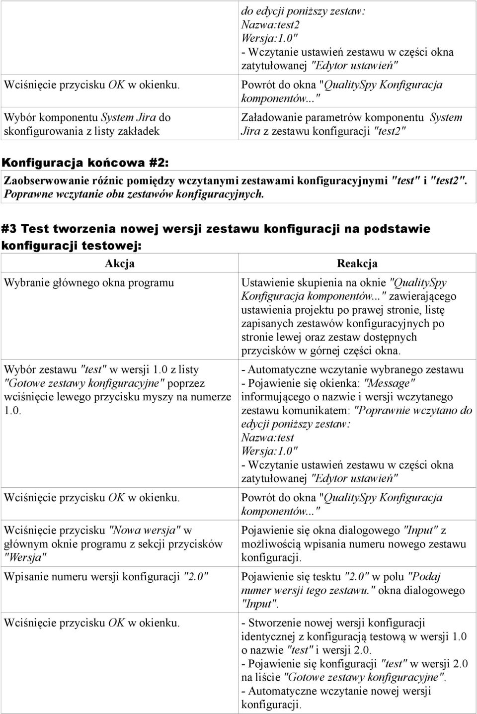 #3 Test tworzenia nowej wersji zestawu konfiguracji na podstawie konfiguracji testowej: Akcja Wybranie głównego okna programu Wybór zestawu "test" w wersji 1.