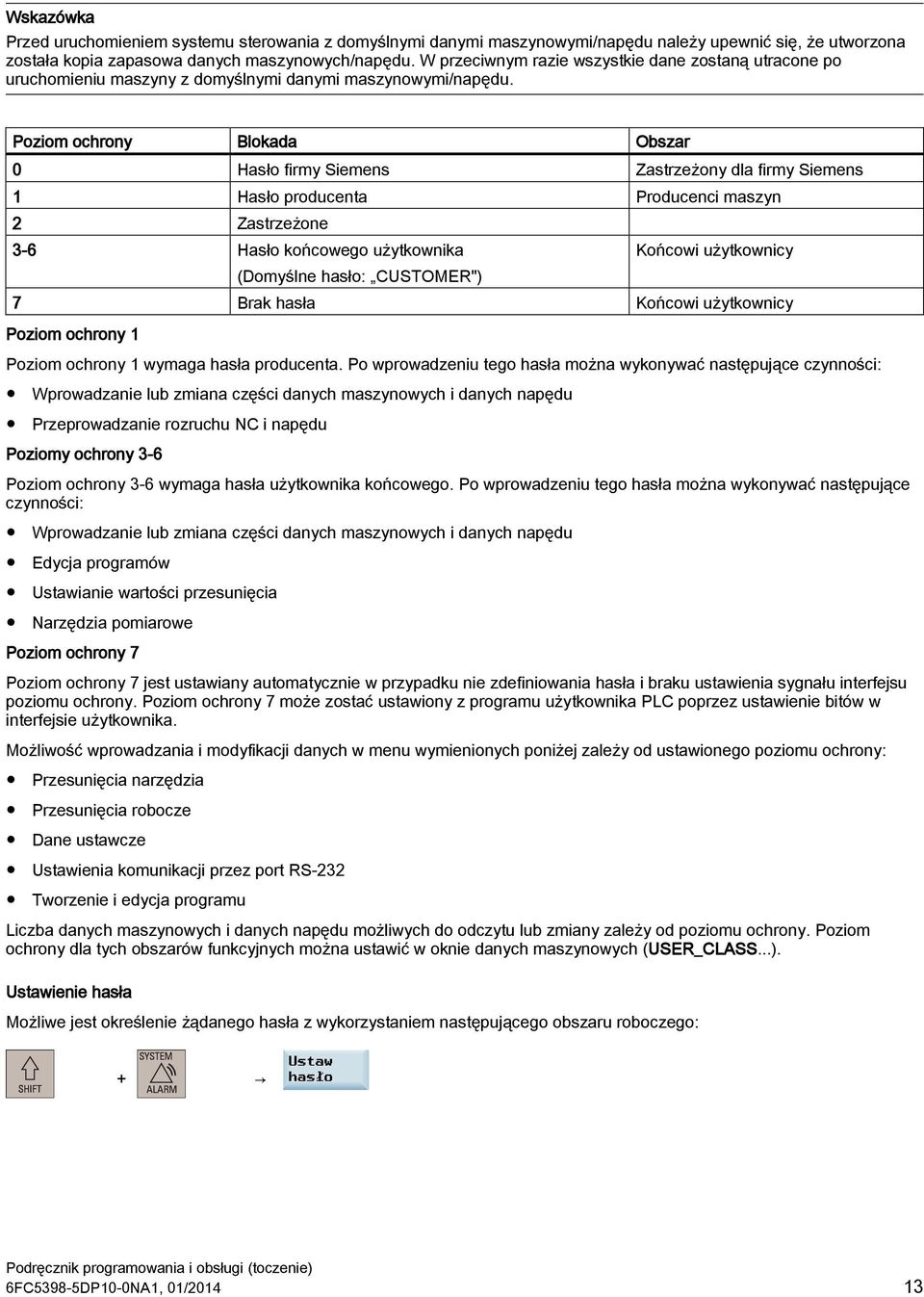 Poziom ochrony Blokada Obszar 0 Hasło firmy Siemens Zastrzeżony dla firmy Siemens 1 Hasło producenta Producenci maszyn 2 Zastrzeżone 3-6 Hasło końcowego użytkownika Końcowi użytkownicy (Domyślne