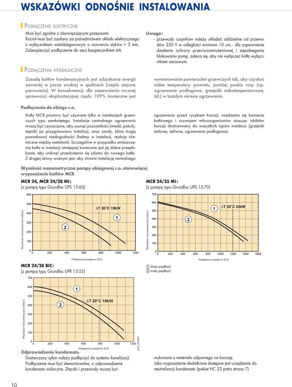 Hauteur manométrique (mbar) MCR 24, MCR 24/2 MI, MCX 24, MCX 24/2 MI avec pompe Grundfos UPS 15-60 Podłączenia hydrauliczne ΔT 20 C 1kW Zasadą kotłów kondensacyjnych jest odzyskanie energii zawartej