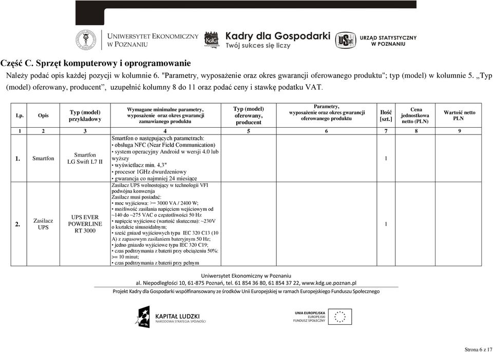 Opis przykładowy Wymagane minimalne parametry, zamawianego produktu oferowany, producent Parametry, oferowanego produktu al. Niepodległości 0, 6-875 Poznań, tel. 6 854 36 80, 6 854 37 22, www.kdg.ue.