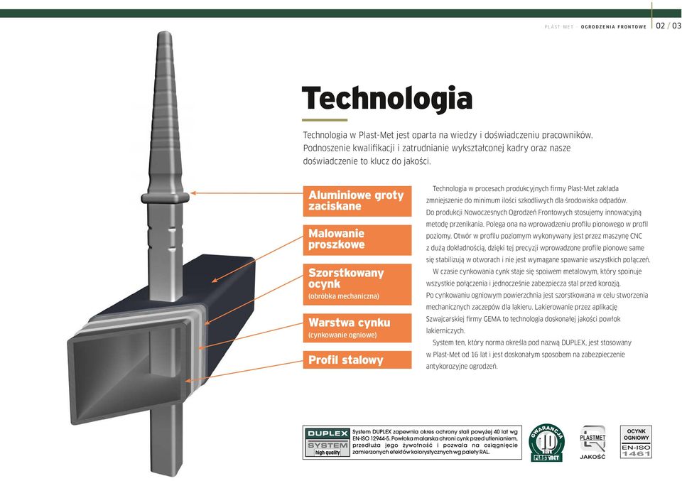 Aluminiowe groty zaciskane Malowanie proszkowe Szorstkowany ocynk (obróbka mechaniczna) Warstwa cynku (cynkowanie ogniowe) Profil stalowy Technologia w procesach produkcyjnych firmy Plast-Met zakłada