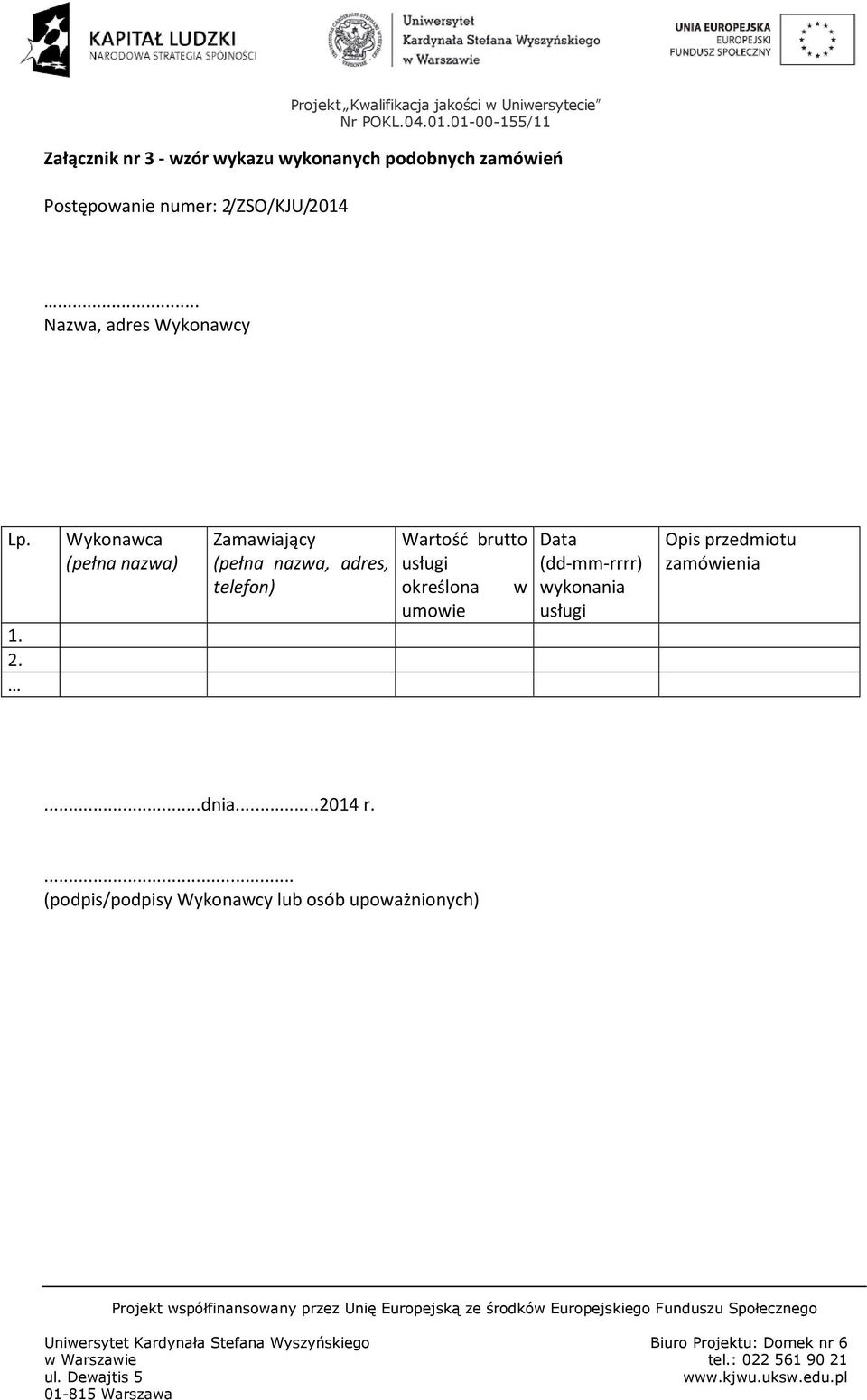 Wykonawca (pełna nazwa) Zamawiający (pełna nazwa, adres, telefon) Wartość brutto usługi