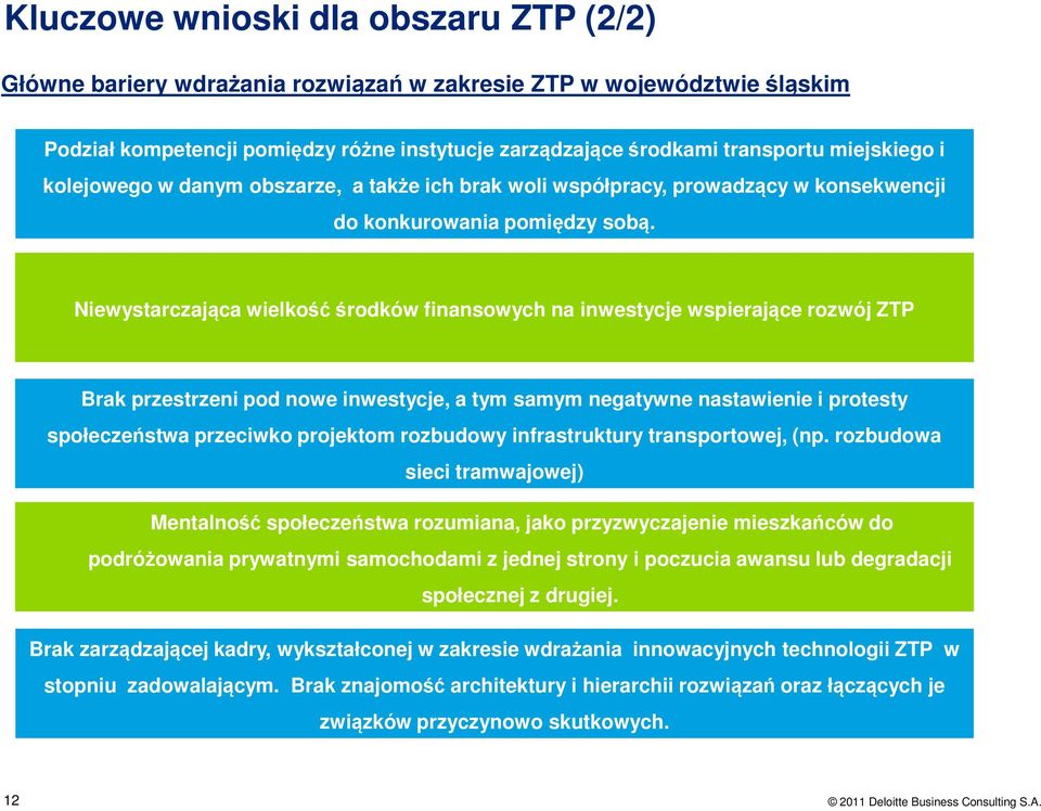 Niewystarczająca wielkość środków finansowych na inwestycje wspierające rozwój ZTP Brak przestrzeni pod nowe inwestycje, a tym samym negatywne nastawienie i protesty społeczeństwa przeciwko projektom