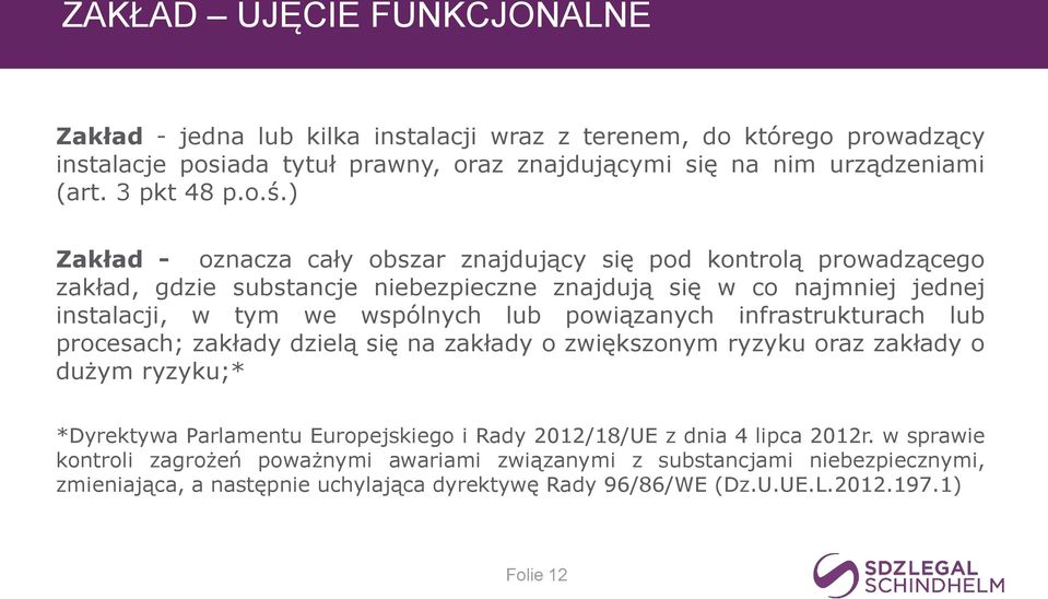 ) Zakład - oznacza cały obszar znajdujący się pod kontrolą prowadzącego zakład, gdzie substancje niebezpieczne znajdują się w co najmniej jednej instalacji, w tym we wspólnych lub