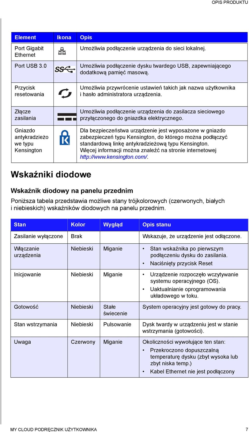 Złącze zasilania Gniazdo antykradzieżo we typu Kensington Umożliwia podłączenie urządzenia do zasilacza sieciowego przyłączonego do gniazdka elektrycznego.