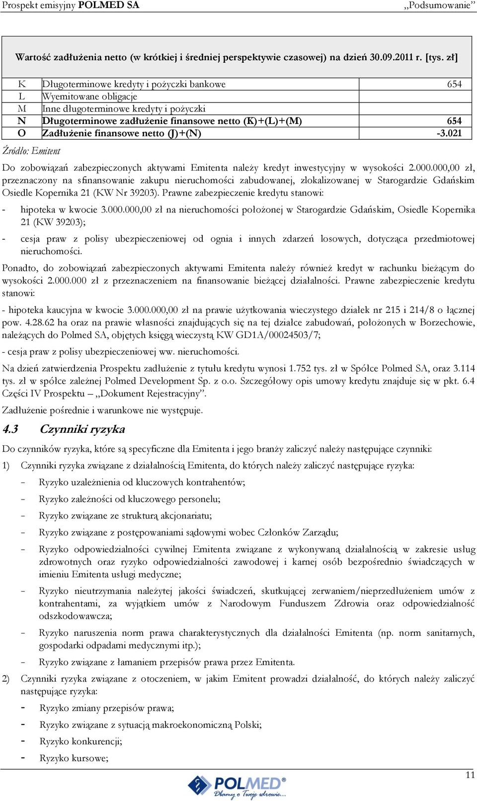 netto (J)+(N) -3.021 Źródło: Emitent Do zobowiązań zabezpieczonych aktywami Emitenta należy kredyt inwestycyjny w wysokości 2.000.