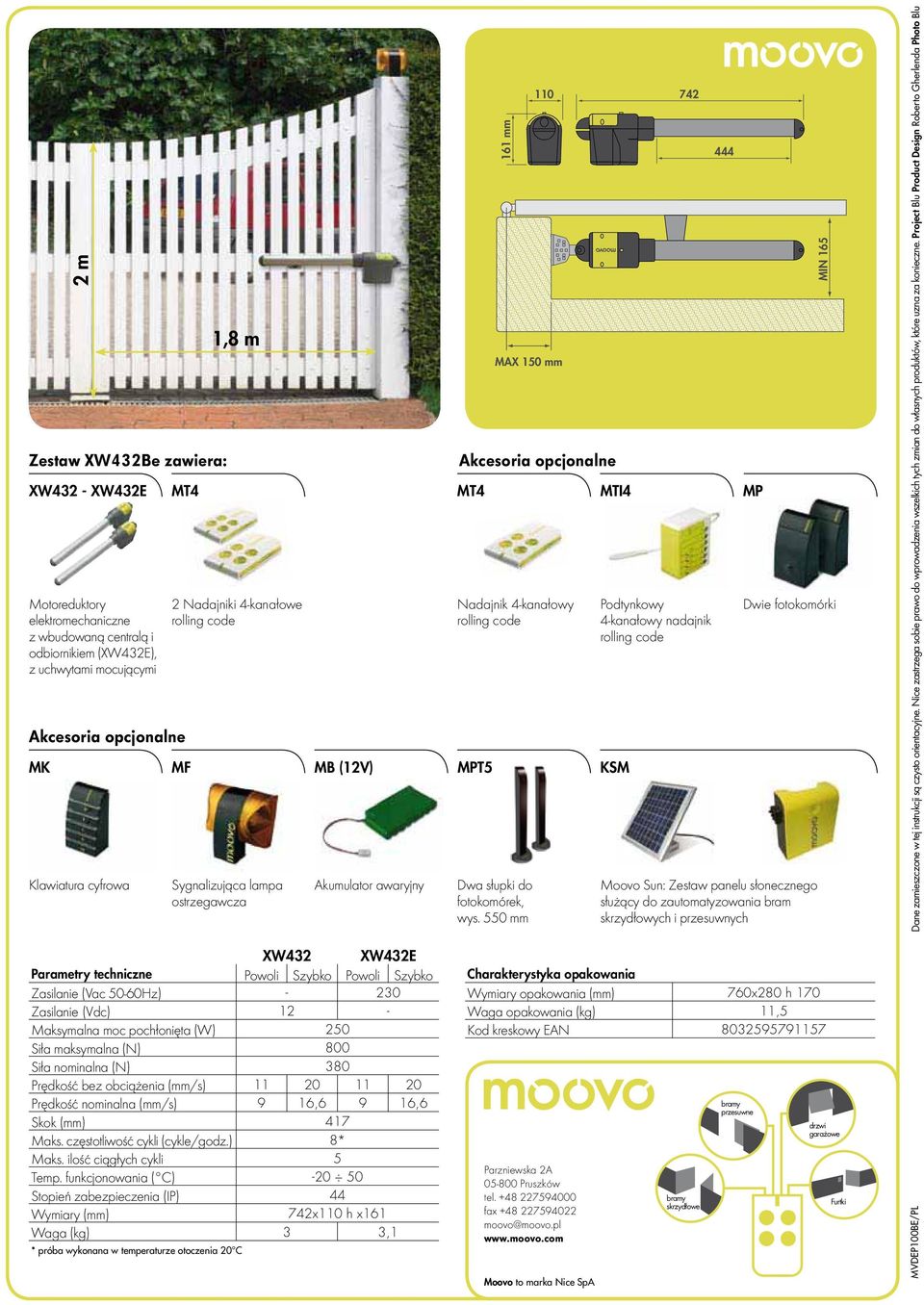 550 mm Podtynkowy 4-kanałowy nadajnik KSM MIN 165 Dwie fotokomórki Moovo Sun: Zestaw panelu słonecznego służący do zautomatyzowania bram skrzydłowych i przesuwnych Dane zamieszczone w tej instrukcji