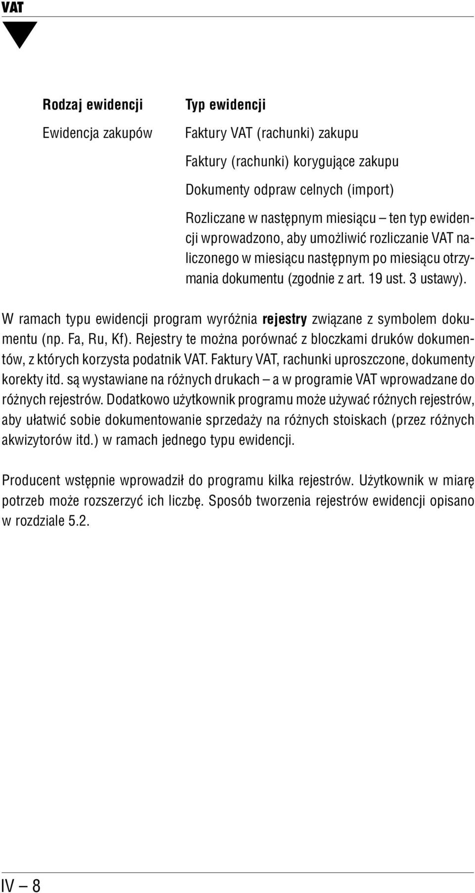 W ramach typu ewidencji program wyróżnia rejestry związane z symbolem doku mentu (np. Fa, Ru, Kf). Rejestry te można porównać z bloczkami druków dokumen tów, z których korzysta podatnik VAT.