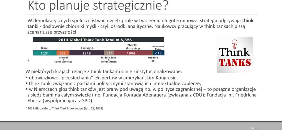 Kongresie, think tanki związane z partiami politycznymi stanowią ich intelektualne zaplecze, w Niemczech głos think tanków jest brany pod uwagę np.