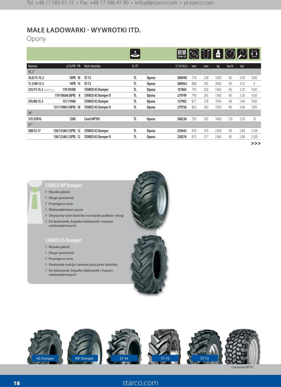 00 119/106A8 (8PR) 8 STARCO AS Dumper II TL Opona 279749 790 265 1360 40 3.20 9.00 295/80-15.3 131/119A8 STARCO AS Dumper TL Opona 137902 877 278 1950 40 3.40 9.