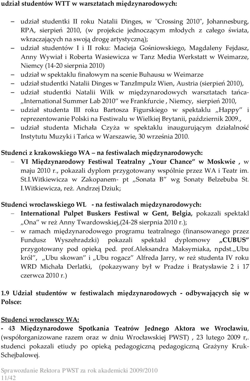 sierpnia 2010) udział w spektaklu finałowym na scenie Buhausu w Weimarze udział studentki Natalii Dinges w TanzImpulz Wien, Austria (sierpień 2010), udział studentki Natalii Wilk w międzynarodowych