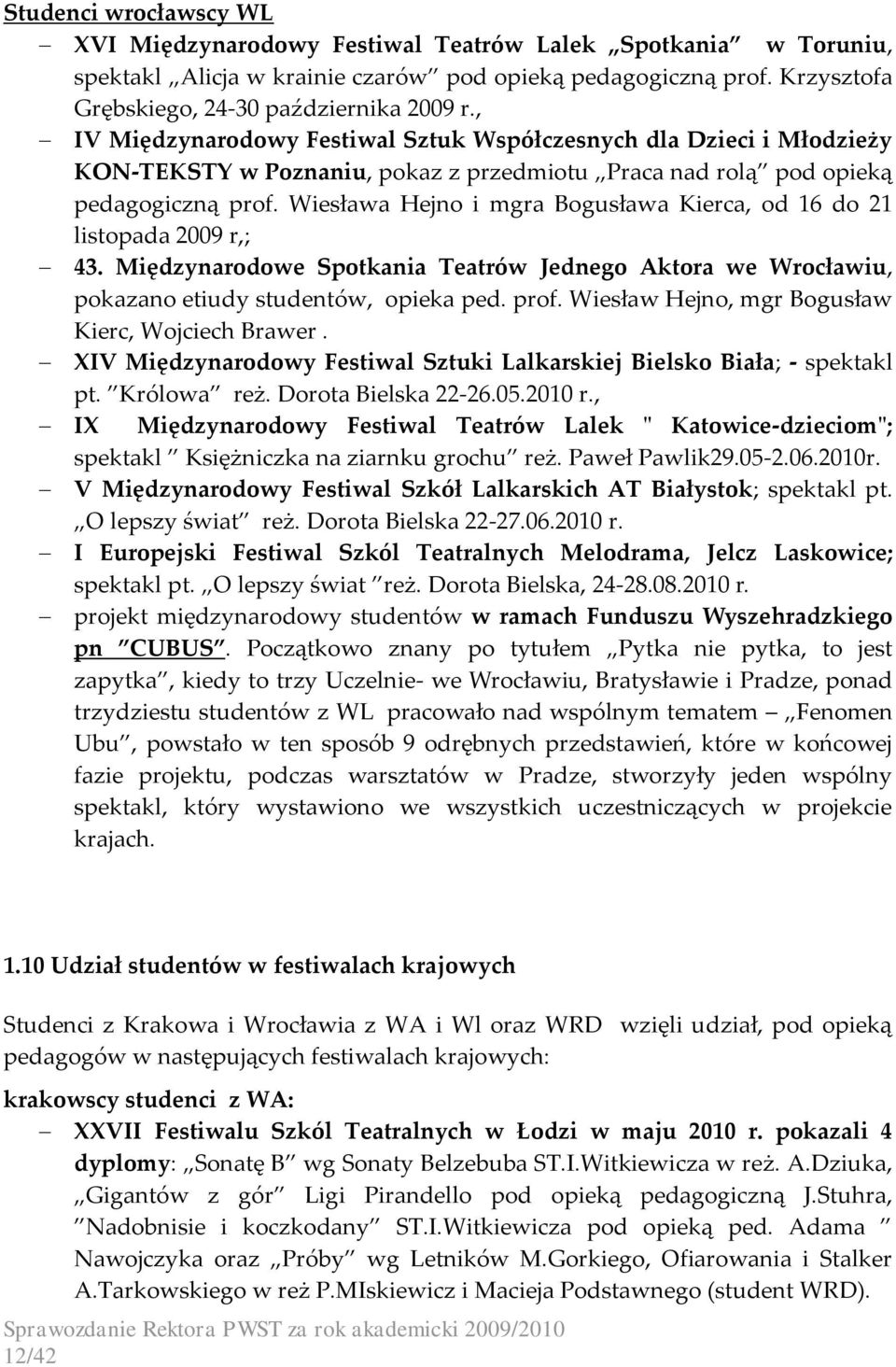 Wiesława Hejno i mgra Bogusława Kierca, od 16 do 21 listopada 2009 r,; 43. Międzynarodowe Spotkania Teatrów Jednego Aktora we Wrocławiu, pokazano etiudy studentów, opieka ped. prof.