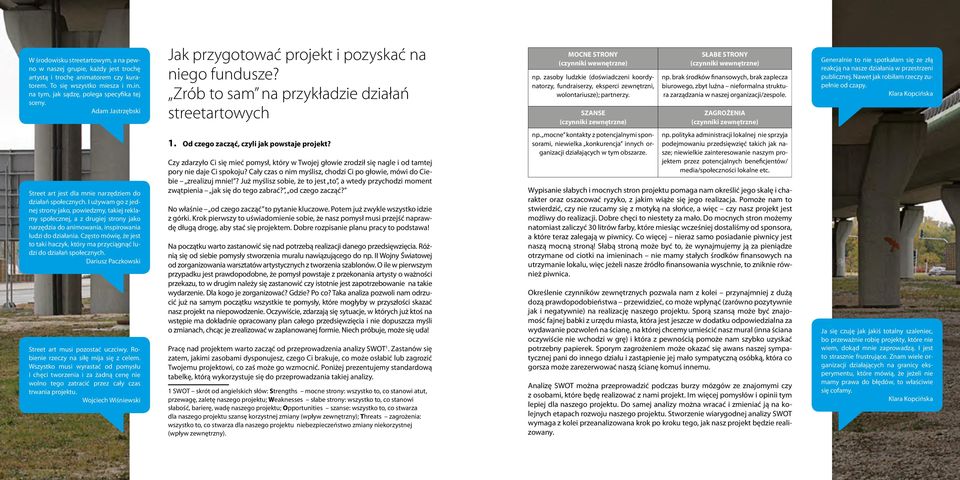 zasoby ludzkie (doświadczeni koordynatorzy, fundraiserzy, eksperci zewnętrzni, wolontariusze); partnerzy. SZANSE (czynniki zewnętrzne) SŁABE STRONY (czynniki wewnętrzne) np.