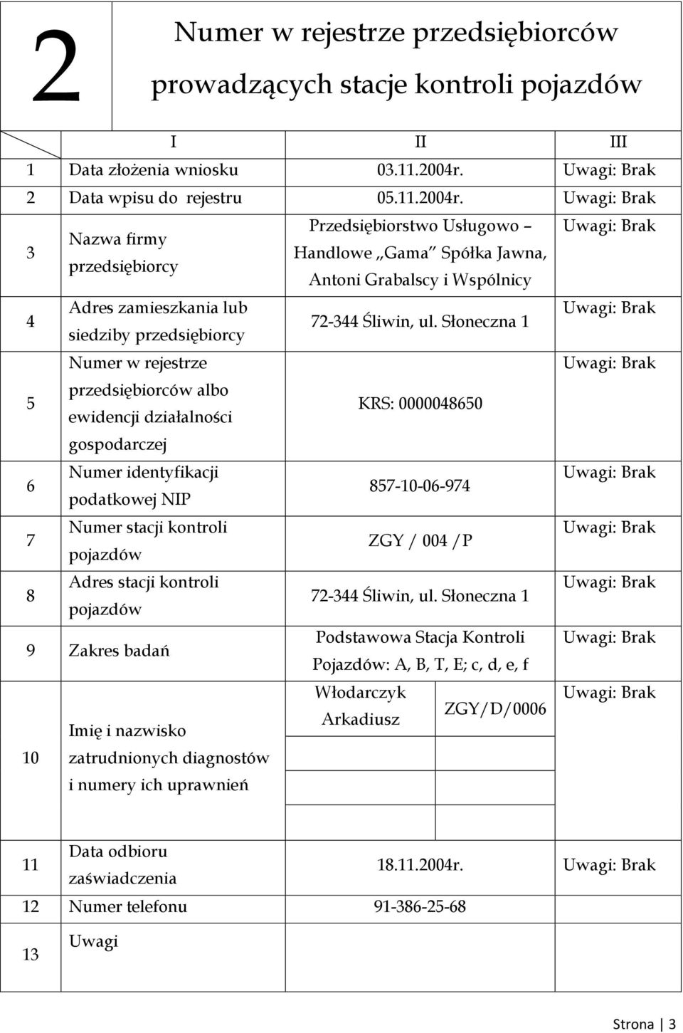 siedziby Przedsiębiorstwo Usługowo Handlowe Gama Spółka Jawna, Antoni Grabalscy i Wspólnicy 2- Śliwin, ul.