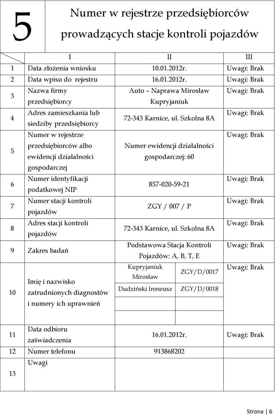 Szkolna A siedziby Numer : 0-020-9-21 ZGY / 00 / P 2- Karnice, ul.