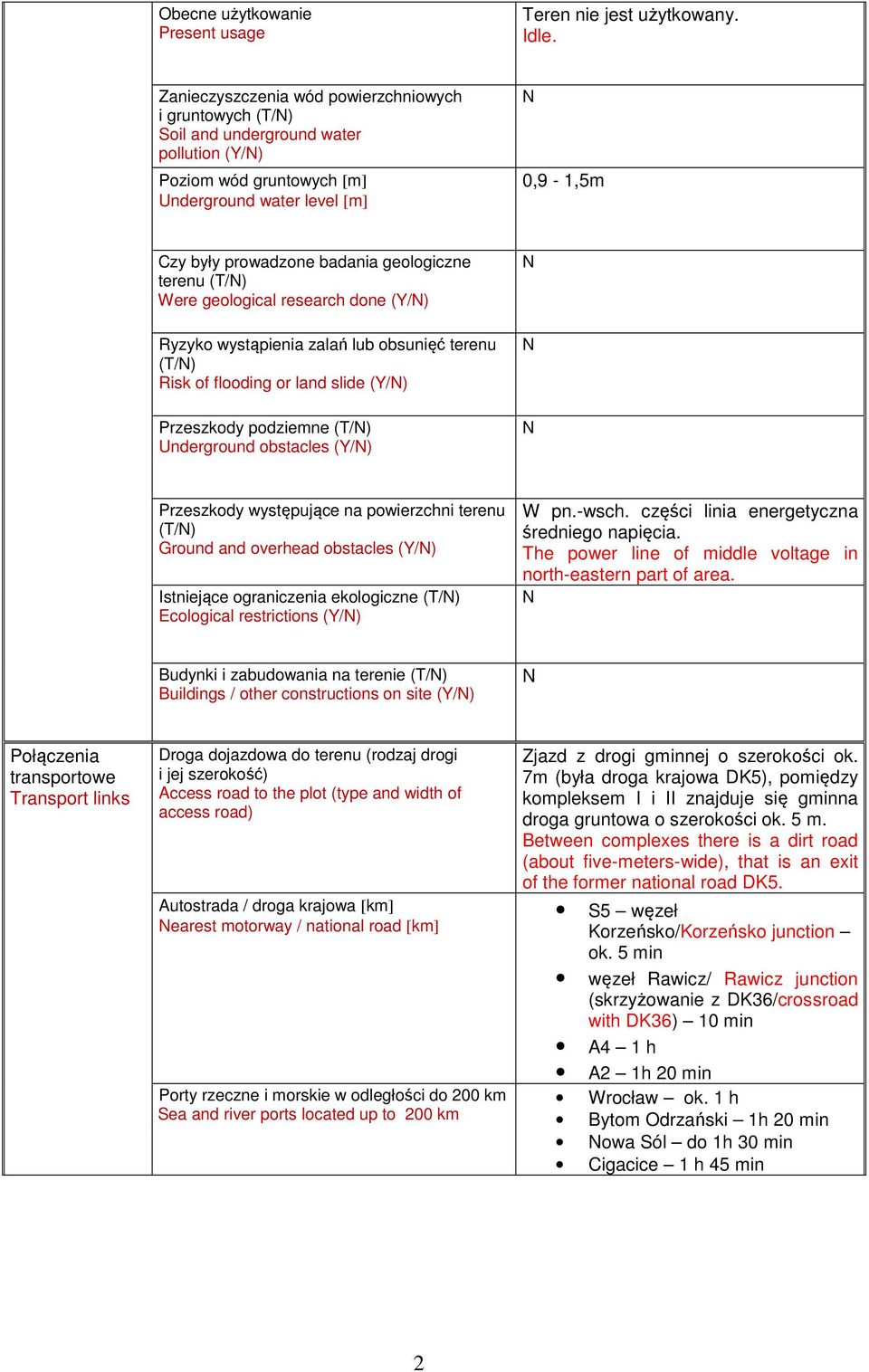 geologiczne terenu (T/) Were geological research done (Y/) Ryzyko wystąpienia zalań lub obsunięć terenu (T/) Risk of flooding or land slide (Y/) Przeszkody podziemne (T/) Underground obstacles (Y/)