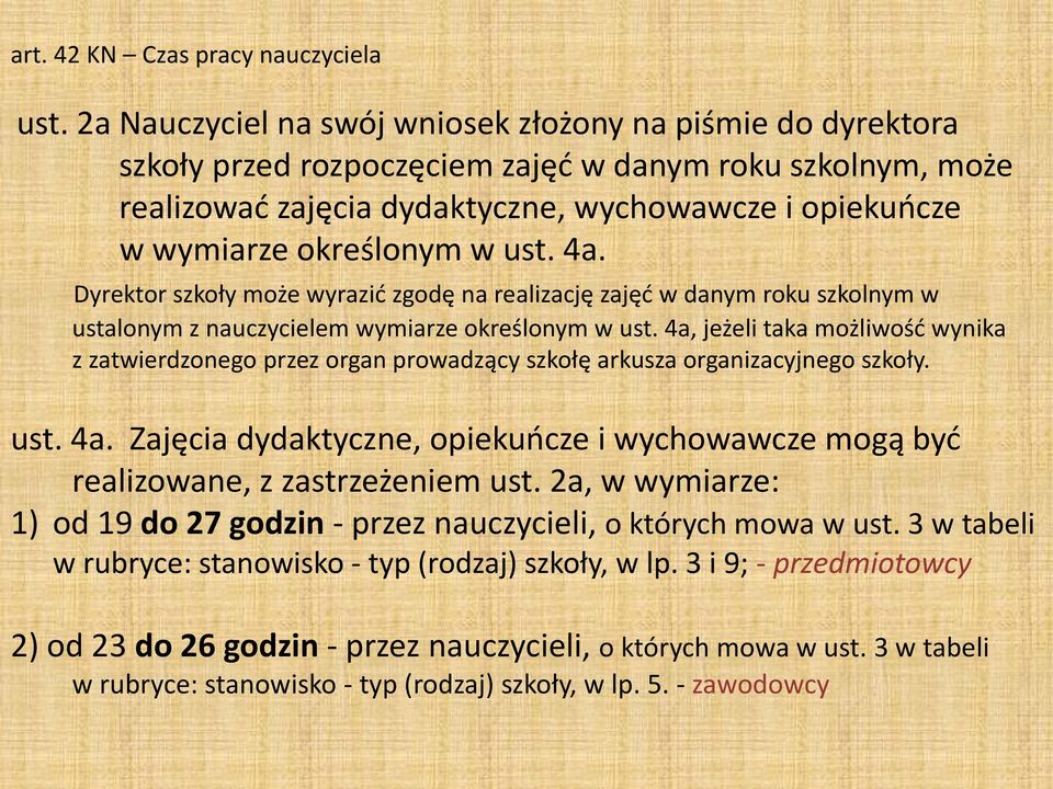 w ust. 4a. Dyrektor szkoły może wyrazić zgodę na realizację zajęć w danym roku szkolnym w ustalonym z nauczycielem wymiarze określonym w ust.