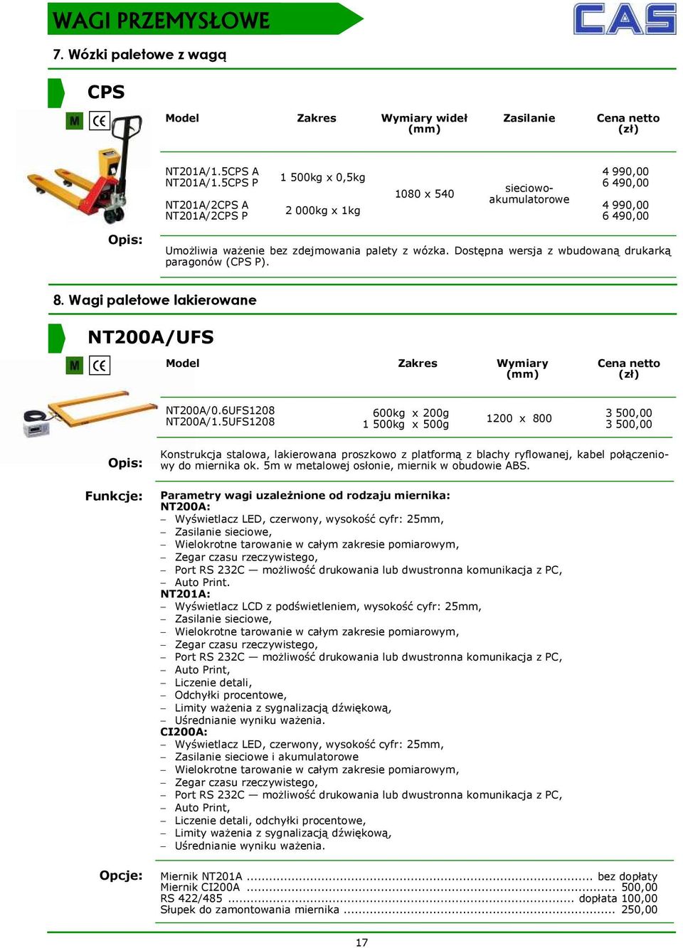 Dostępna wersja z wbudowaną drukarką paragonów (CPS P). 8. Wagi paletowe lakierowane NT200A/UFS Model Zakres Wymiary NT200A/0.6UFS1208 600kg x 200g NT200A/1.