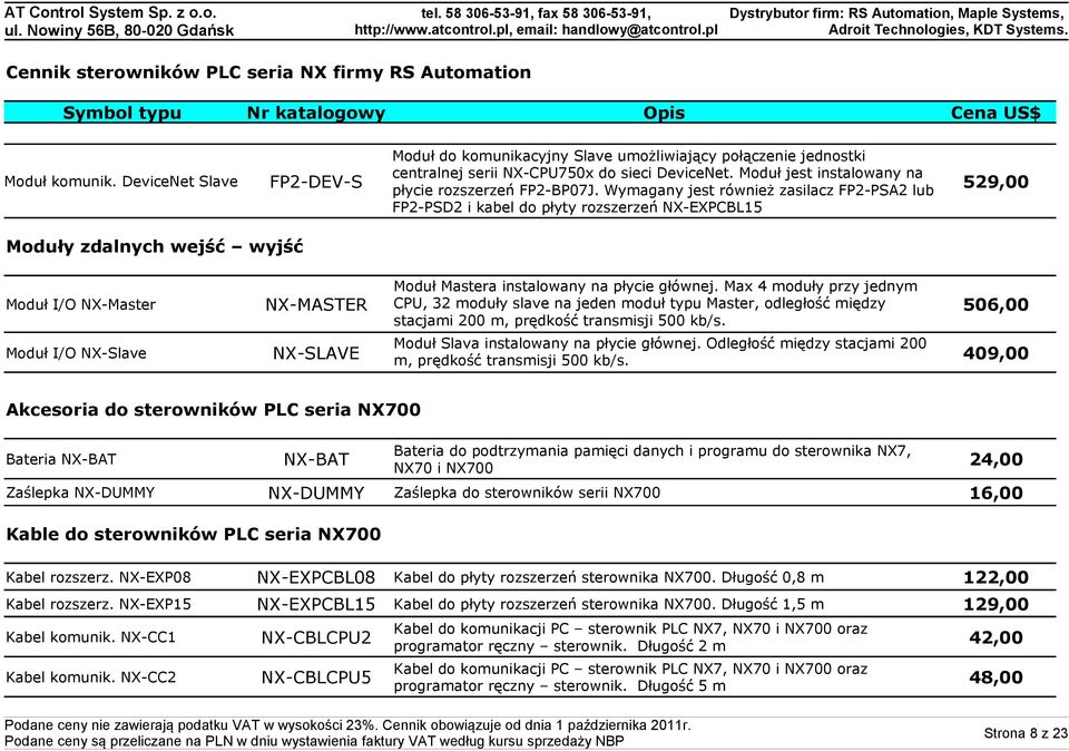 Wymagany jest również zasilacz FP2-PSA2 lub 529,00 FP2-PSD2 i kabel do płyty rozszerzeń NX-EXPCBL15 Moduły zdalnych wejść wyjść Moduł I/O NX-Master Moduł I/O NX-Slave Moduł Mastera instalowany na