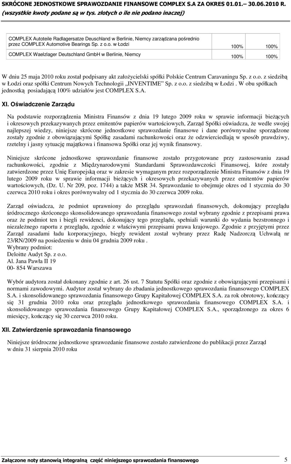 Oświadczenie Zarządu Na podstawie rozporządzenia Ministra Finansów z dnia 19 lutego 2009 roku w sprawie informacji bieŝących i okresowych przekazywanych przez emitentów papierów wartościowych, Zarząd