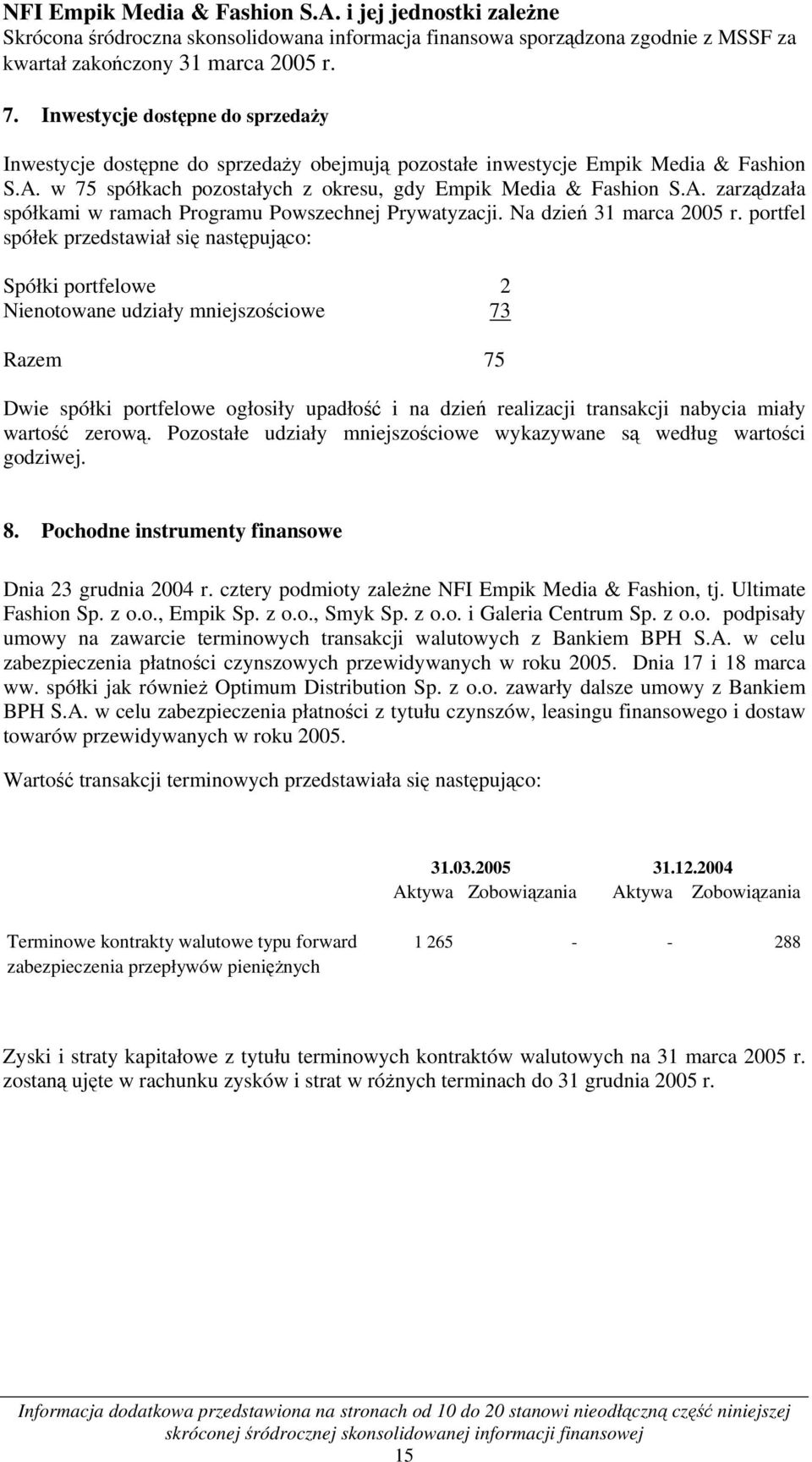 Na dzień 31 marca 2005 r.