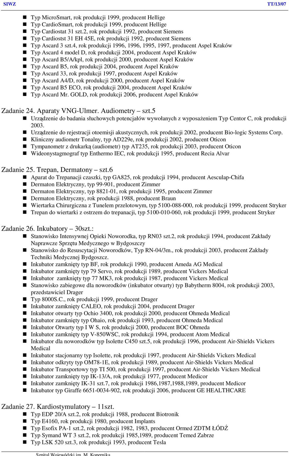 4, rok produkcji 1996, 1996, 1995, 1997, producent Aspel Kraków Typ Ascard 4 model D, rok produkcji 2004, producent Aspel Kraków Typ Ascard B5/A/kpl, rok produkcji 2000, producent Aspel Kraków Typ