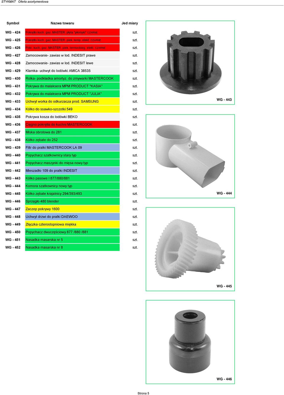 WG - 430 Rolka- podkładka amortyz. do zmywarki MASTERCOOK szt. WG - 431 Pokrywa do malaksera MPM PRODUCT "KASIA" szt. WG - 432 Pokrywa do malaksera MPM PRODUCT "JULIA" szt.