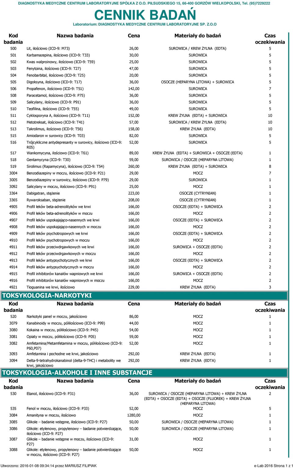 Fenytoina, ilościowo (ICD-: T) 4,00 SUROWICA 04 Fenobarbital, ilościowo (ICD-: T) 0,00 SUROWICA 0 Digoksyna, ilościowo (ICD-: T) 6,00 OSOCZE (HEPARYNA LITOWA) + SUROWICA 06 Propafenon, ilościowo