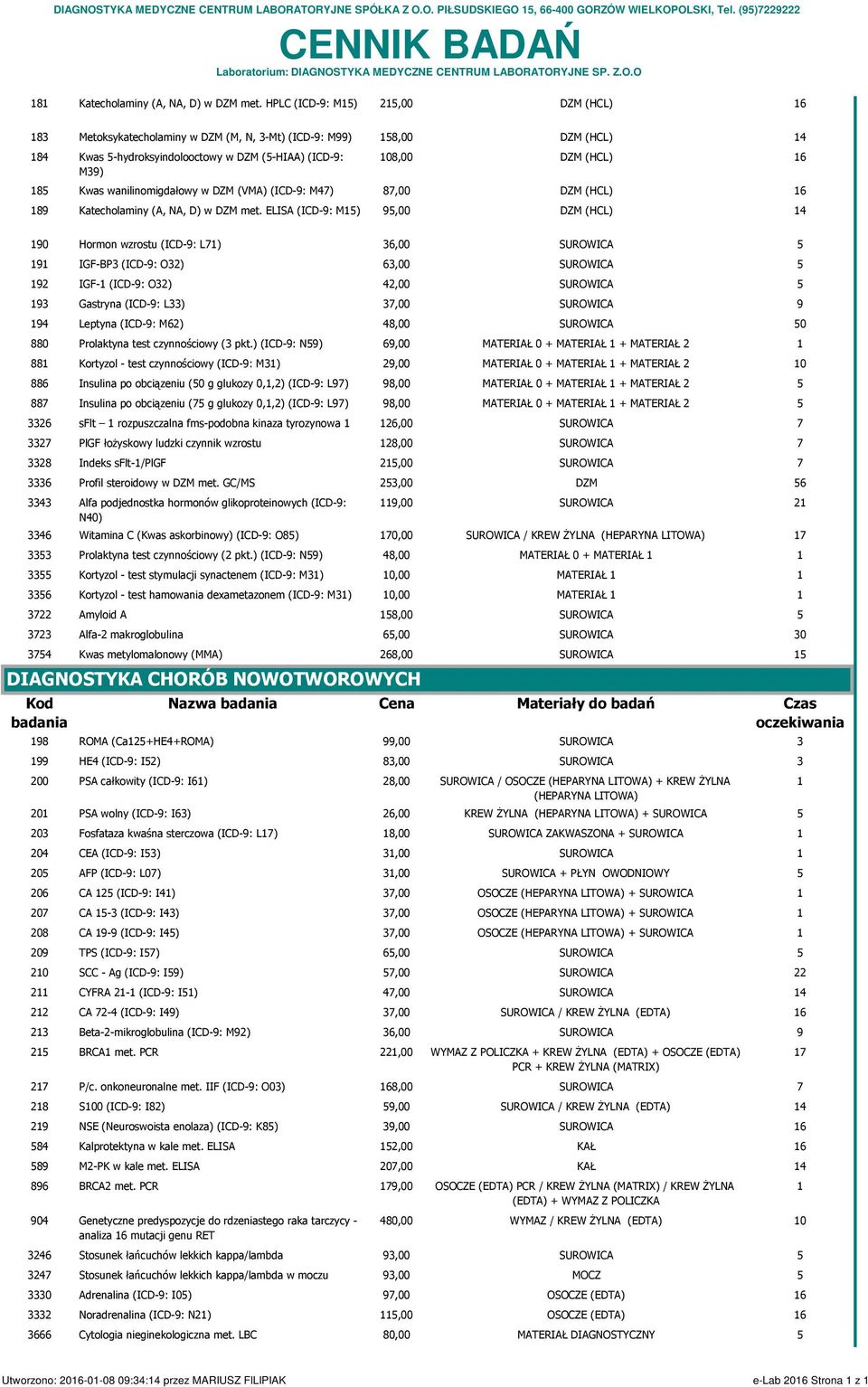 DZM (VMA) (ICD-: M4) 8,00 DZM (HCL) 6 8 Katecholaminy (A, NA, D) w DZM met.