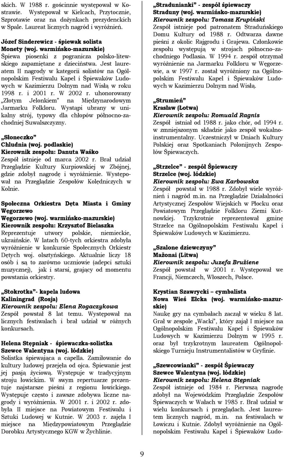 Jest laureatem II nagrody w kategorii solistów na Ogólnopolskim Festiwalu Kapel i Śpiewaków Ludowych w Kazimierzu Dolnym nad Wisłą w roku 1998 r. i 2001 r. W 2002 r.