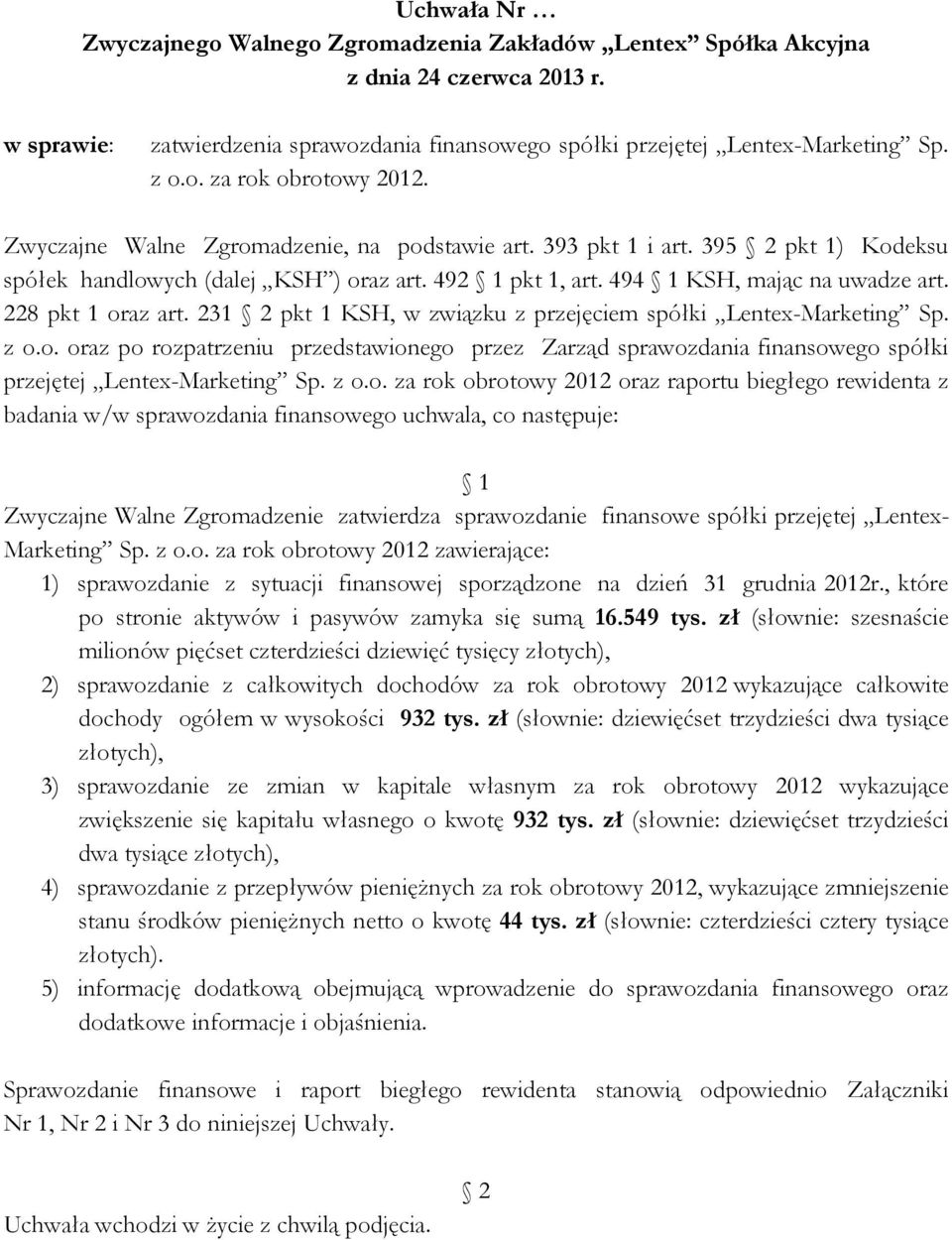 z o.o. oraz po rozpatrzeniu przedstawionego przez Zarząd sprawozdania finansowego spółki przejętej Lentex-Marketing Sp. z o.o. za rok obrotowy 2012 oraz raportu biegłego rewidenta z badania w/w