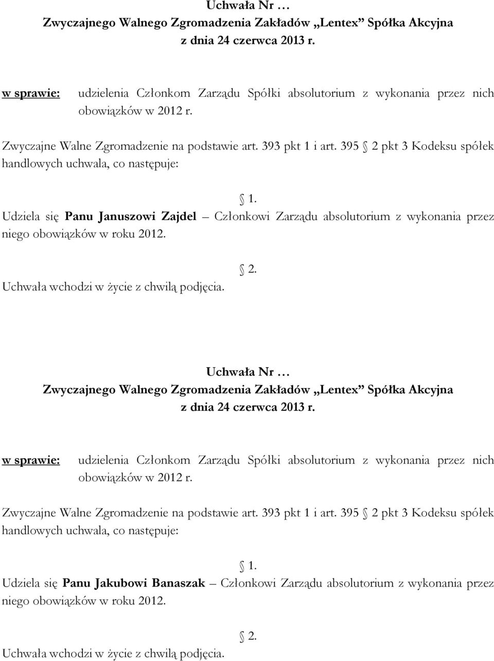 2012. Uchwała Nr  395 2 pkt 3 Kodeksu spółek handlowych uchwala, co następuje: Udziela się Panu Jakubowi Banaszak Członkowi Zarządu absolutorium z wykonania przez