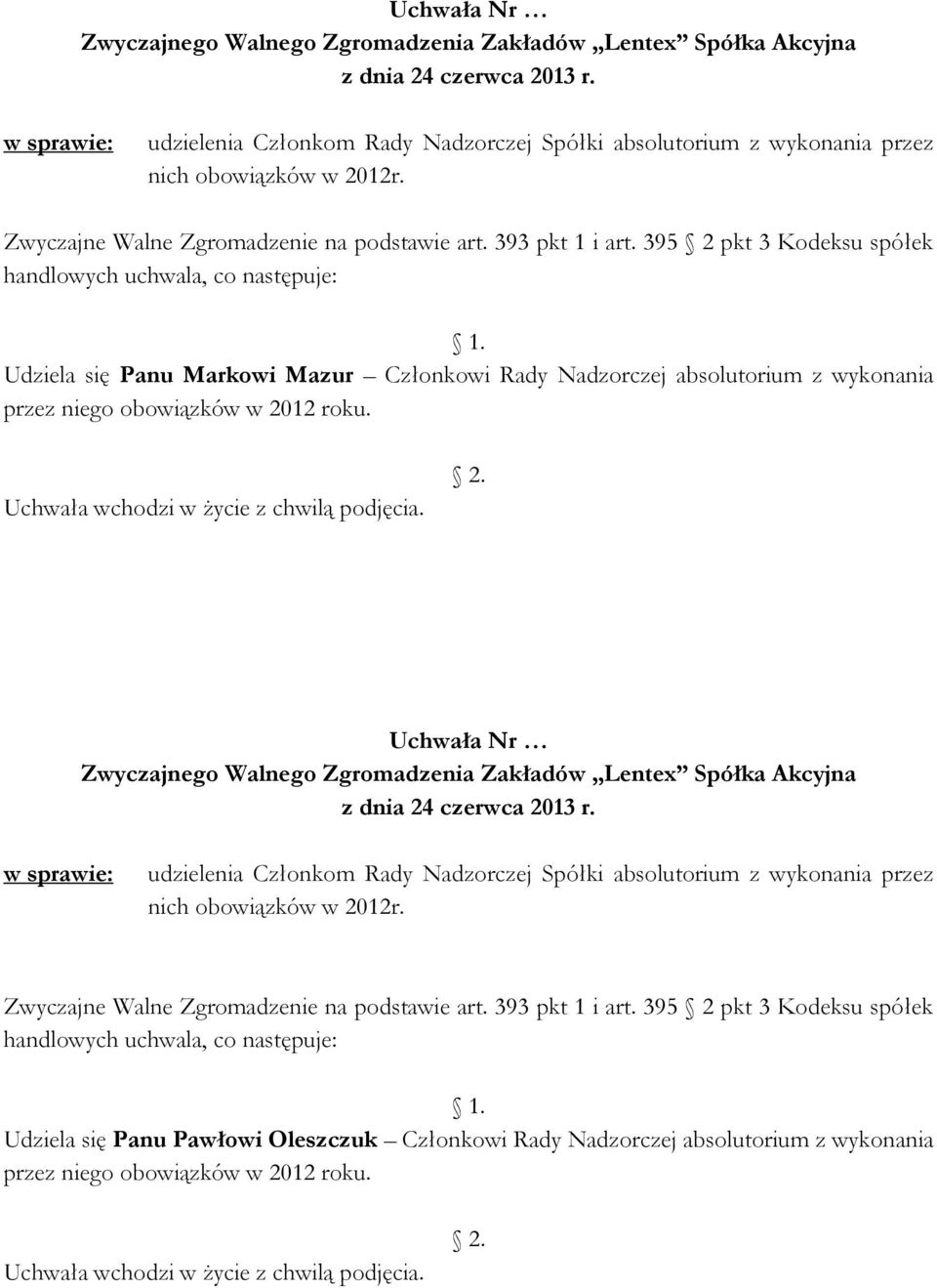 roku. Uchwała Nr  395 2 pkt 3 Kodeksu spółek handlowych uchwala, co następuje: Udziela się Panu Pawłowi Oleszczuk Członkowi Rady Nadzorczej absolutorium z wykonania przez