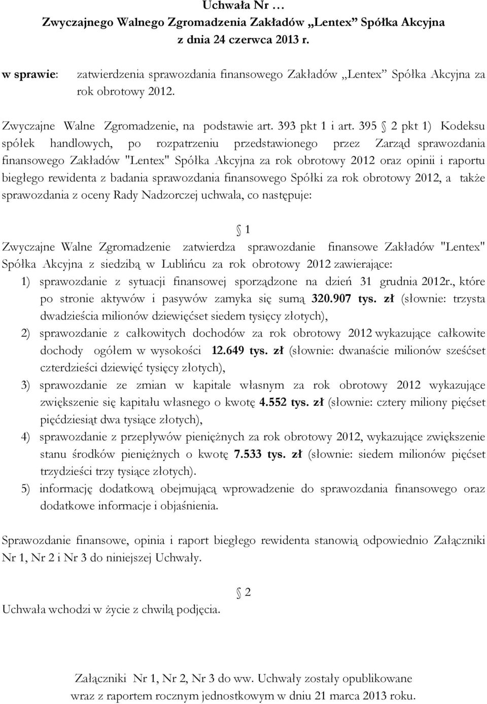 rewidenta z badania sprawozdania finansowego Spółki za rok obrotowy 2012, a takŝe sprawozdania z oceny Rady Nadzorczej uchwala, co następuje: 1 Zwyczajne Walne Zgromadzenie zatwierdza sprawozdanie