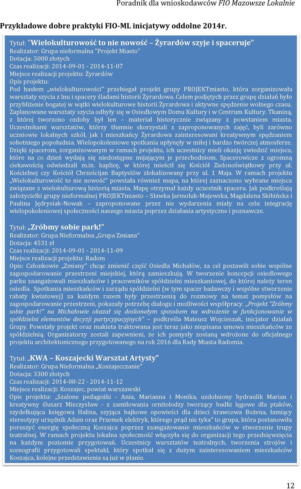 projektu: Żyrardów Opis projektu: Pod hasłem wielokulturowości przebiegał projekt grupy PROJEKTmiasto, która zorganizowała warsztaty szycia z lnu i spacery śladami historii Żyrardowa.