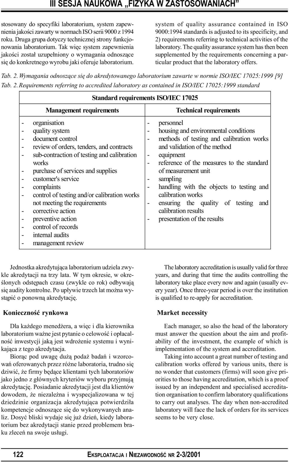 system of quality assurance contained in ISO 9000:1994 standards is adjusted to its specificity, and 2) requirements referring to technical activities of the laboratory.