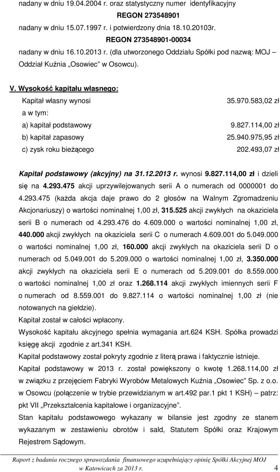 114,00 zł b) kapitał zapasowy 25.940.975,95 zł c) zysk roku bieżącego 202.493,07 zł Kapitał podstawowy (akcyjny) na 31.12.2013 r. wynosi 9.827.114,00 zł i dzieli się na 4.293.