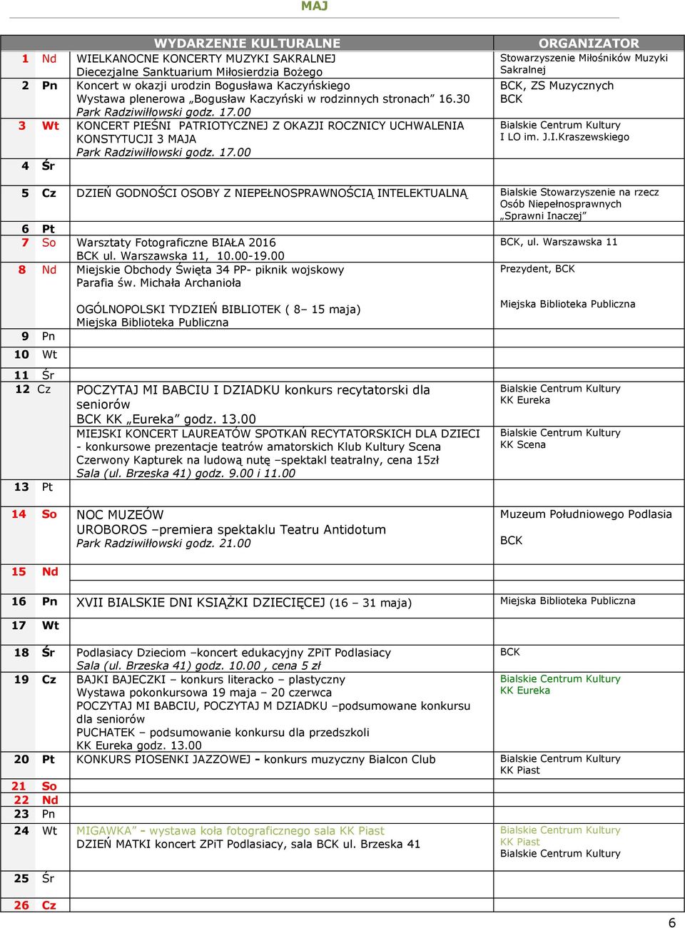 J.I.Kraszewskiego 5 Cz DZIEŃ GODNOŚCI OSOBY Z NIEPEŁNOSPRAWNOŚCIĄ INTELEKTUALNĄ Bialskie Stowarzyszenie na rzecz Osób Niepełnosprawnych Sprawni Inaczej 6 Pt 7 So Warsztaty Fotograficzne BIAŁA 2016