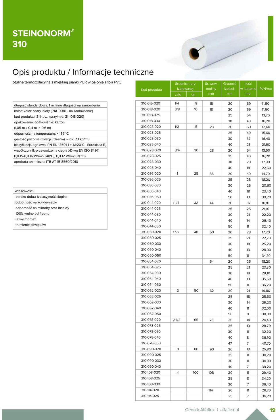 na zamówienie) kod produktu: 311-...-... (przykład: 311-018-020) opakowanie: opakowanie: karton (1,05 m x 0,4 m, h-0,6 m) odporność na temperaturę: + 135 C gęstość pozorna izolacji (rdzenia): ok.