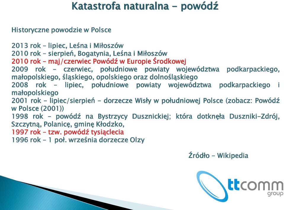 powiaty województwa podkarpackiego i małopolskiego 2001 rok lipiec/sierpień dorzecze Wisły w południowej Polsce (zobacz: Powódź w Polsce (2001)) 1998 rok powódź na