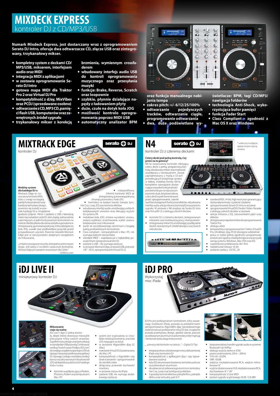 kompletny system z deckami CD/ MP3/USB, mikserem, interfejsem audio oraz MIDI integracja MIDI z aplikacjami w zestawie oprogramowanie Serato DJ Intro gotowa mapa MIDI dla Traktor Pro 2 oraz Virtual