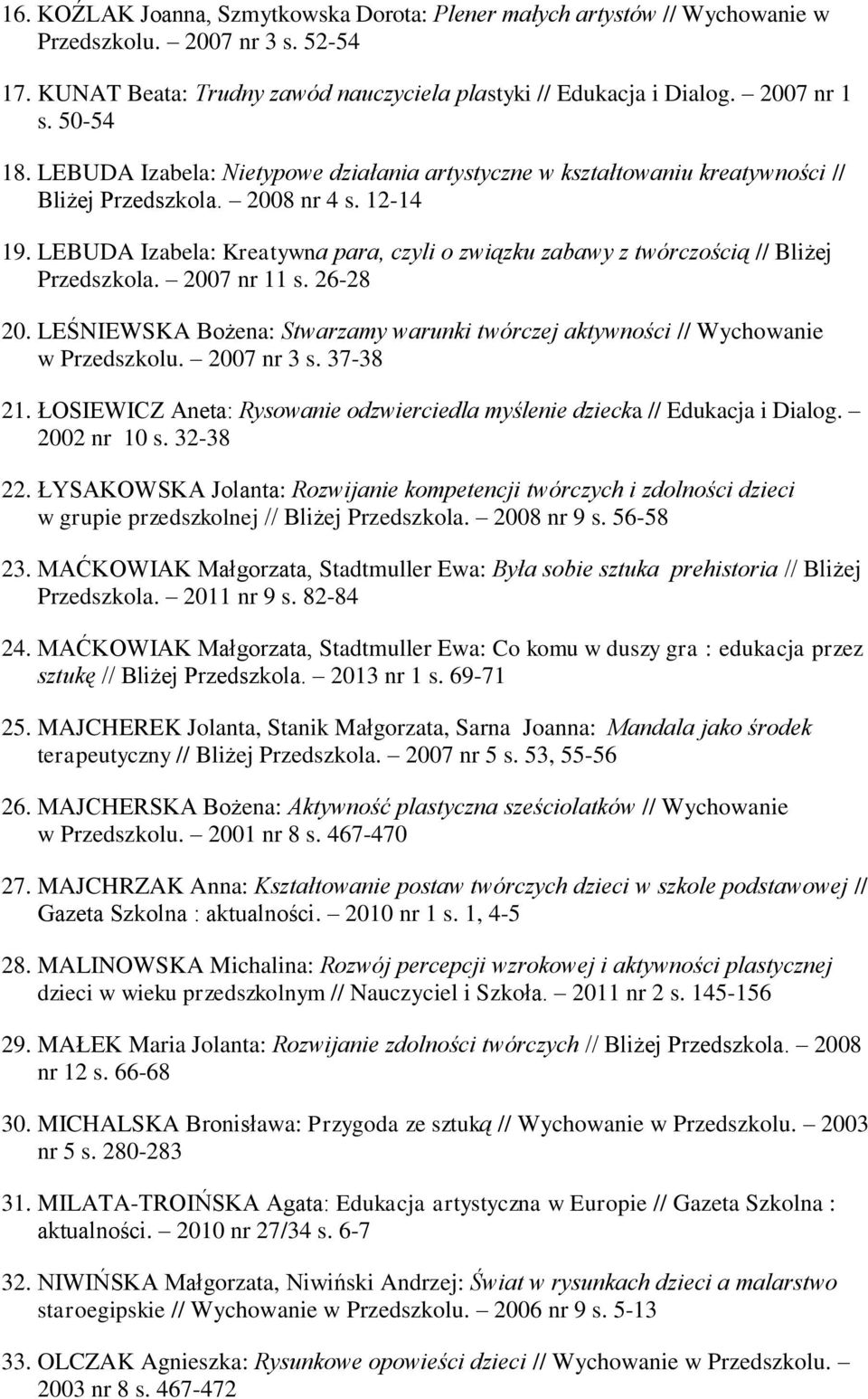 LEBUDA Izabela: Kreatywna para, czyli o związku zabawy z twórczością // Bliżej Przedszkola. 2007 nr 11 s. 26-28 20.